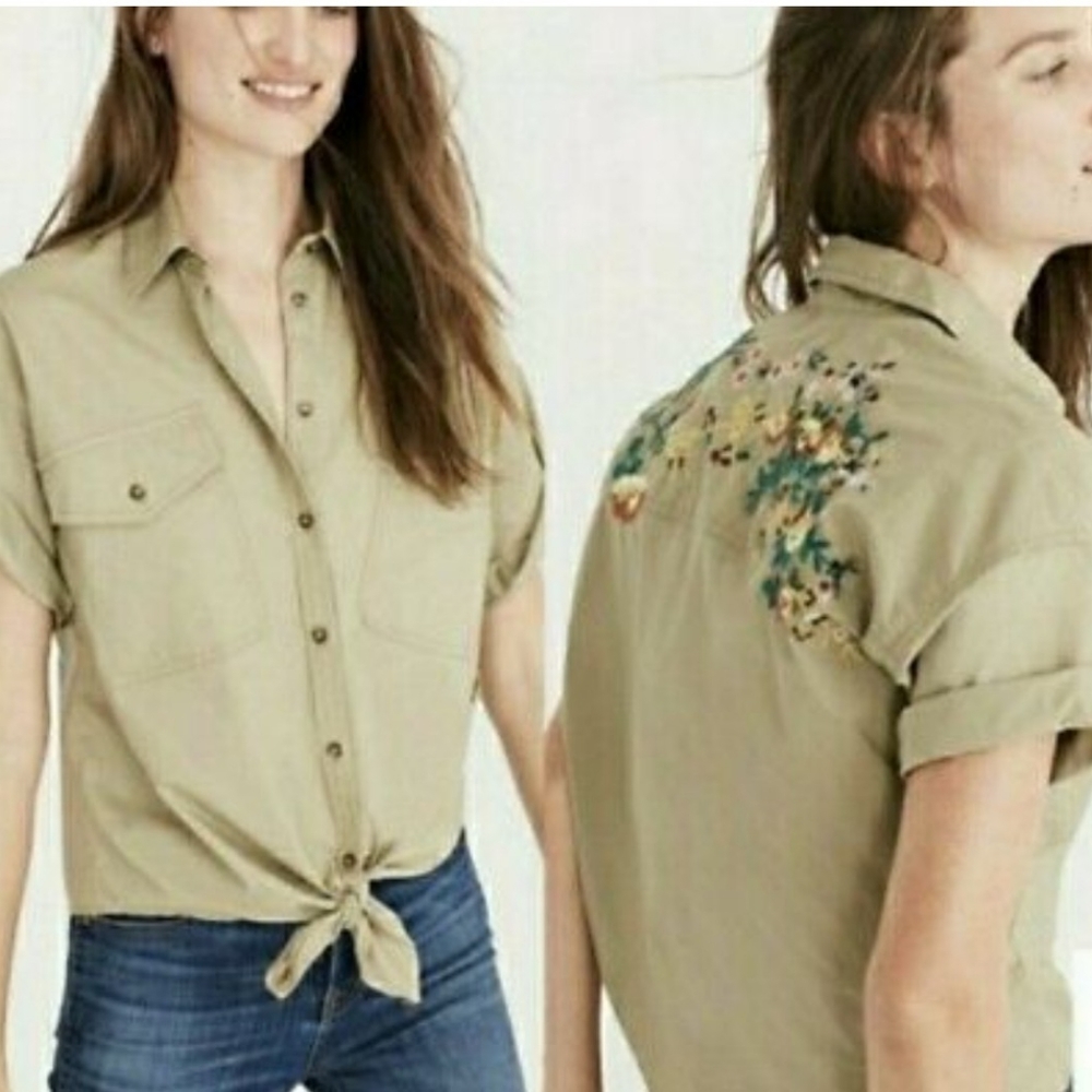 Madewell embroidered tie-front safari shirt